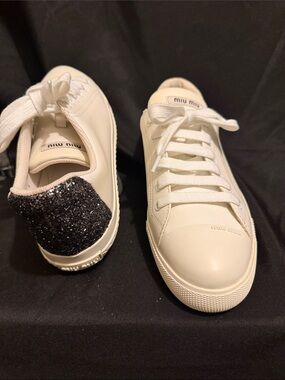 Miu Miu White Leather Sneakers with Black Glitter Heel